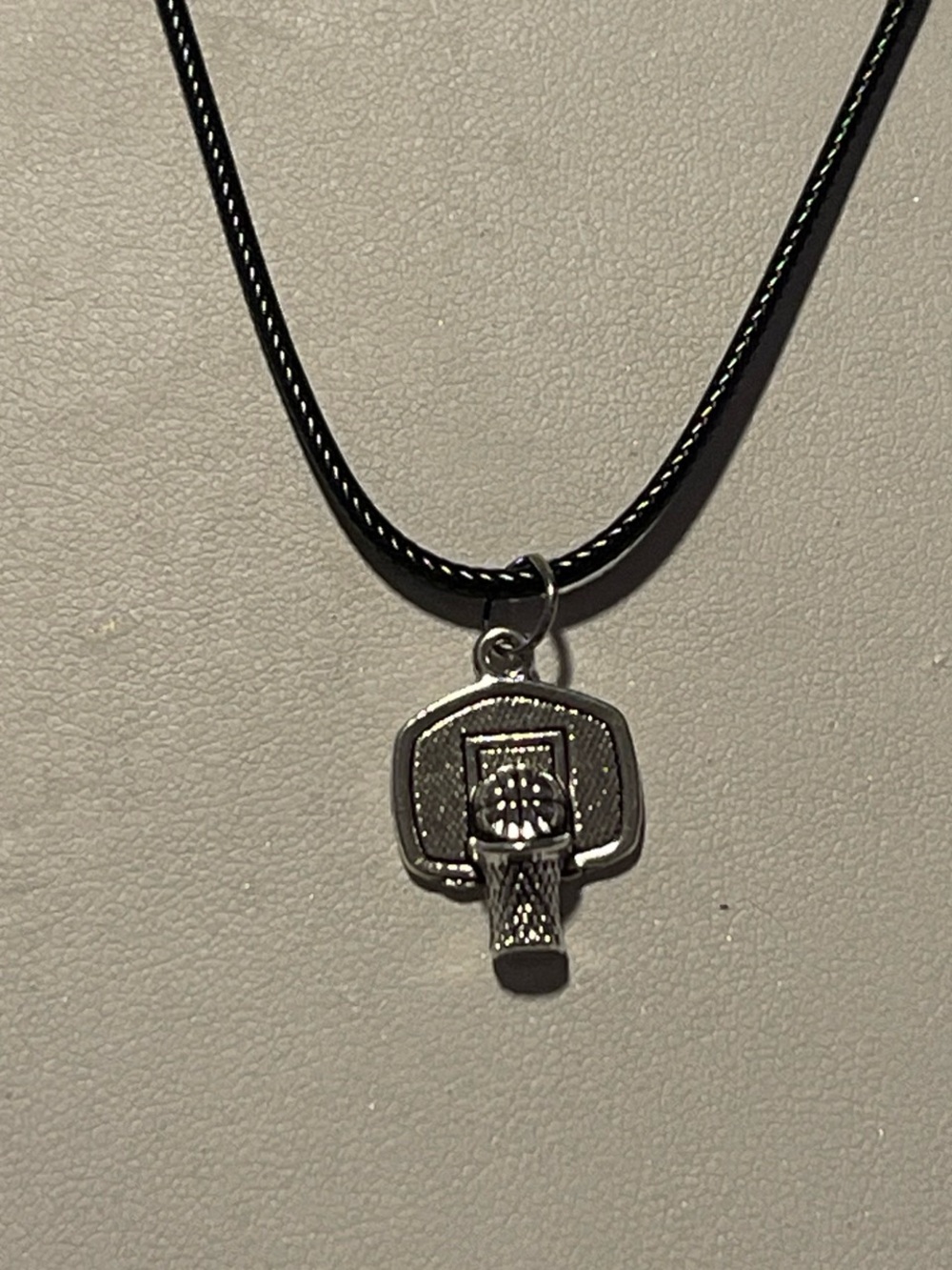 Silver Basketball Hoop Pendant Necklace with Black Cord